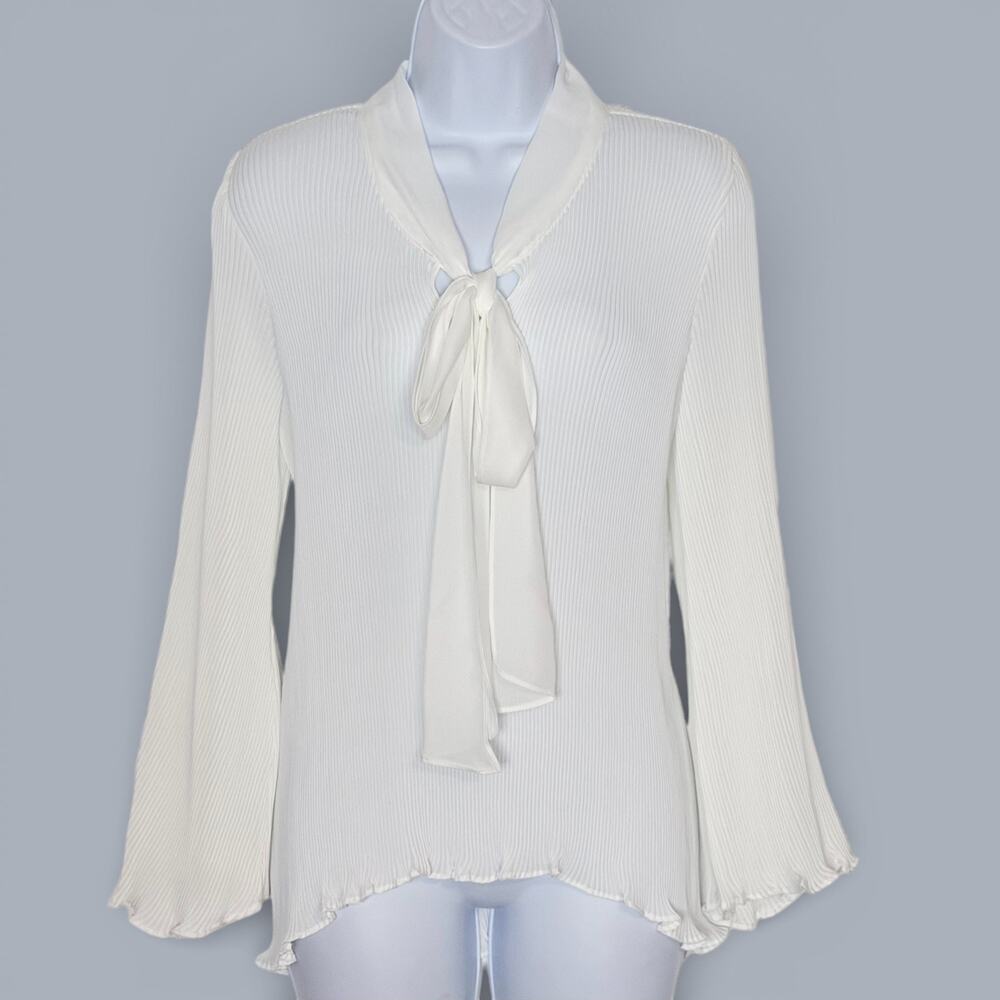 Melissa Paige Ivory Pleated Blouse Feminine Neck Tie Flutter Sleeve Size PL NWT